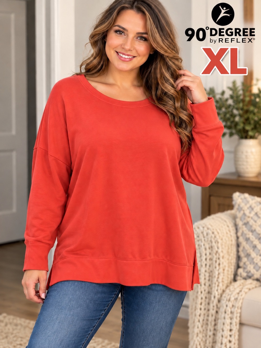 90 Degree by Reflex XL Coral Oversized Tunic Sweatshirt Pullover